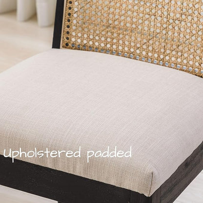 Farmhouse Rattan Dining Chairs Set of 4 Black Wood Dining Room Chairs Rectangle Cane Country Kitchen Chairs Upholstered Dining Chair for Dining Room, Cream Linen