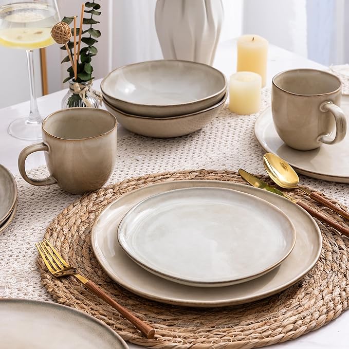 AmorArc Ceramic Dinnerware Sets,Handmade Reactive Glaze Stonewre Plates and Bowls Sets,Highly Chip and Crack Resistant | Dishwasher & Microwave Safe Dishes Set,Service for 4 (12pc)