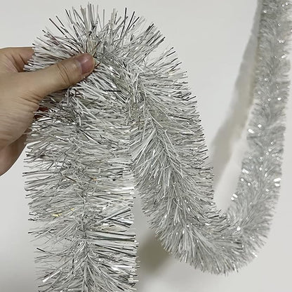 25 ft Long Roll Silver & White Tinsel Twist Garland, Shiny Metallic Foil Decorations for Halloween, Parade Floats, Christmas Eve, New Year Parties (4" x 25' roll, Silver & White)