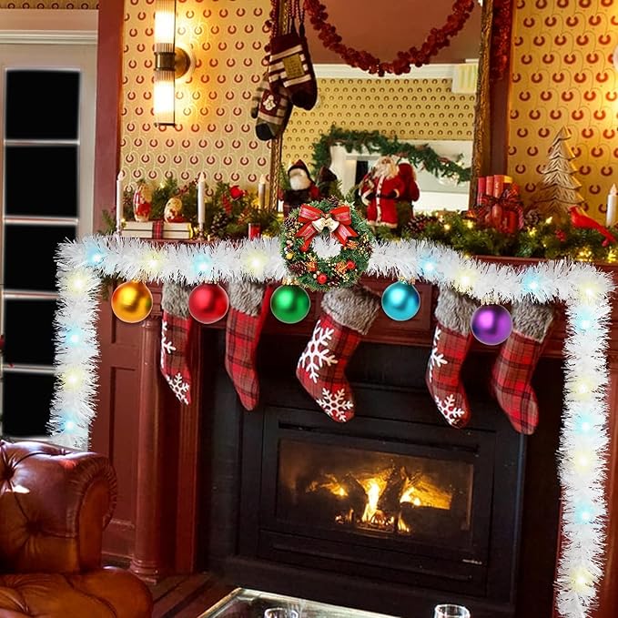 LOMIMOS 32.8 Ft Christmas Tinsel Garland with Lights, Pure White Decoration for Christmas Tree Party Wedding Supplies