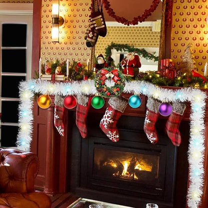 LOMIMOS 32.8 Ft Christmas Tinsel Garland with Lights, Pure White Decoration for Christmas Tree Party Wedding Supplies