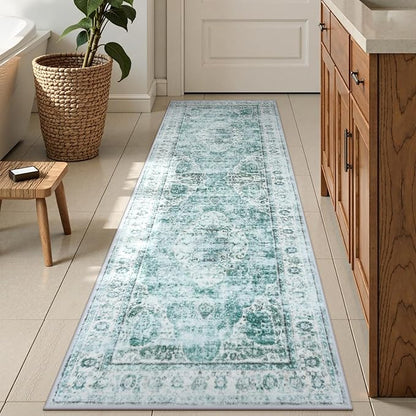 Uphome Bathroom Runner Rug, Distressed Tribal Farmhouse Sage Green Bathroom Mat, Large Bathroom Rugs Non Slip Washable, Oriental Retro Boho Bath Mat Runner for Bathtub Sink Hallway, 24x59 inch