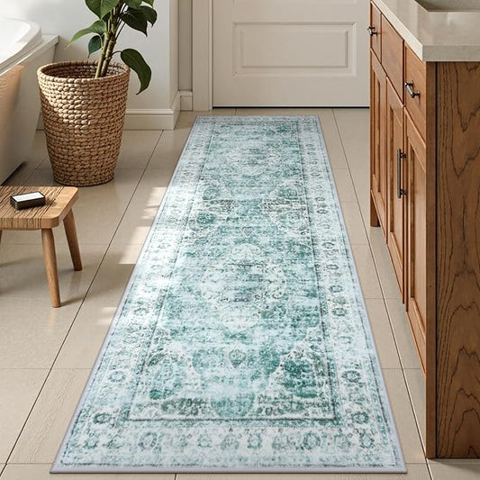 Uphome Bathroom Runner Rug, Distressed Tribal Farmhouse Sage Green Bathroom Mat, Large Bathroom Rugs Non Slip Washable, Oriental Retro Boho Bath Mat Runner for Bathtub Sink Hallway, 24x59 inch