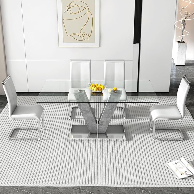 71" Glass Dining Table Set for 4, Kitchen Table and 4 PU Leather Chairs, Dining Table Set Ideal for Living Room