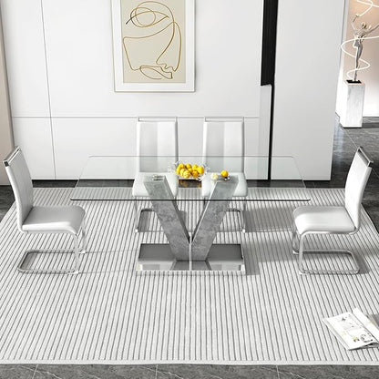 71" Glass Dining Table Set for 4, Kitchen Table and 4 PU Leather Chairs, Dining Table Set Ideal for Living Room