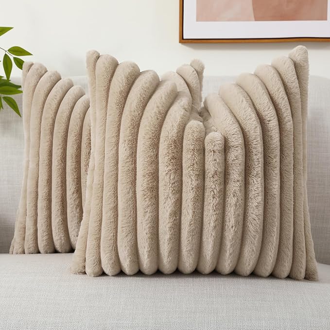 decorUhome Fall Faux Fur Throw Pillow Covers 18x18 Set of 2, Decorative Soft Plush Striped Neutral Euro Pillow Covers with Velvet Back for Bed, Living Room Home Decor, Light Khaki Brown
