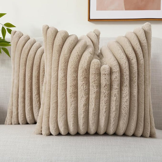 decorUhome Fall Faux Fur Throw Pillow Covers 18x18 Set of 2, Decorative Soft Plush Striped Neutral Euro Pillow Covers with Velvet Back for Bed, Living Room Home Decor, Light Khaki Brown