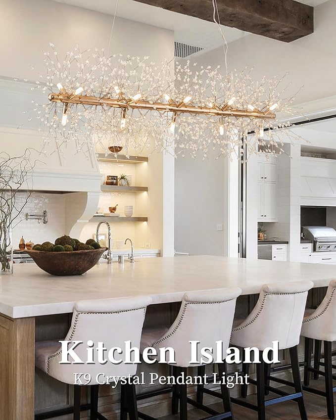 Modern 47.2" Modern Gold Crystal Firework Chandelier, 15-Light Pendant Light Fixture, Rectangle Linear Sputnik Dandelion Chandeliers for Dining Room Kitchen Living Room