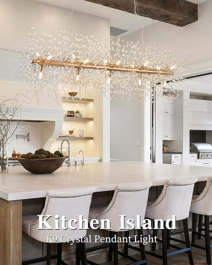 Modern 47.2" Modern Gold Crystal Firework Chandelier, 15-Light Pendant Light Fixture, Rectangle Linear Sputnik Dandelion Chandeliers for Dining Room Kitchen Living Room