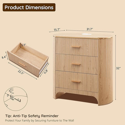 Fluted 3 Drawers Nightstand with Charging Station,31.7" W Bedside Table with Curved Profile Design,End Table Storage with USB Ports for Bedroom,Living Room,Gold Metal Handle,Natural Oak