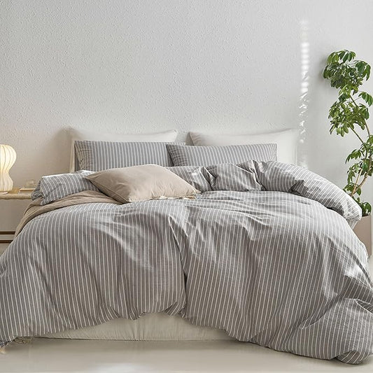 MooMee Striped Duvet Cover Set 100% Washed Cotton Linen Like Textured Breathable Durable Soft Comfy (Light Grey White Wide Stripes, Palatial King/Oversized King 120"x98")