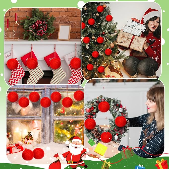 Gejoy 12 Pcs Red Furry Christmas Ball Ornaments for Xmas Tree Red Christmas Hanging Decorations Soft Faux Fur Pom Pom Ball Ornaments for Home Party Supplies Fireplace Mantel Wall Decor