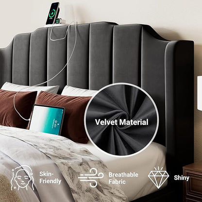Allewie Vintage Queen Size Velvet Platform Bed Frame with Curved Vertical Tufted Wingback Headboard and Footboard, Charging Station, Easy Assembly, Under Bed Storage, No Box Spring Required, Black