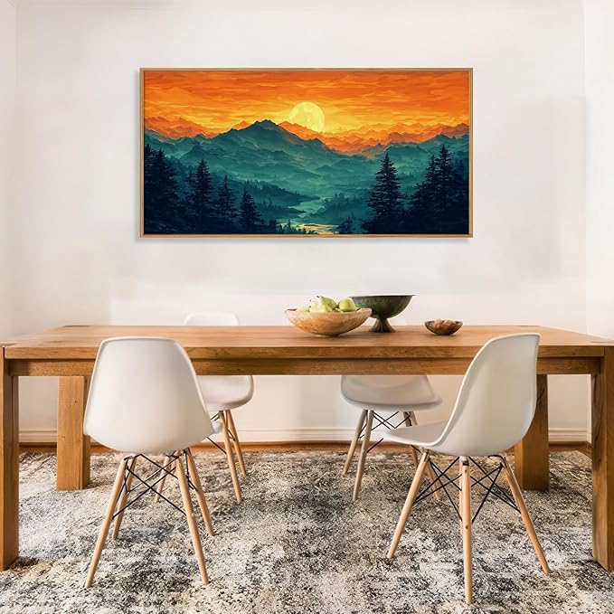 HOURIA Large Sunrise Mountain Forest Landscape Framed Canvas Wall Art Set,Orange Sky Green Ridge Wall Decor,Nature Pine Tree Artwork,Boho Watercolor Art Print for Living Room, Bedroom- 40"x20"x1
