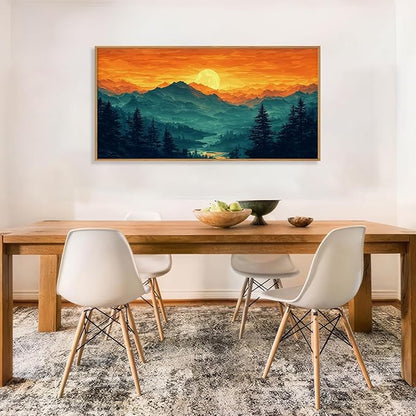 HOURIA Large Sunrise Mountain Forest Landscape Framed Canvas Wall Art Set,Orange Sky Green Ridge Wall Decor,Nature Pine Tree Artwork,Boho Watercolor Art Print for Living Room, Bedroom- 40"x20"x1