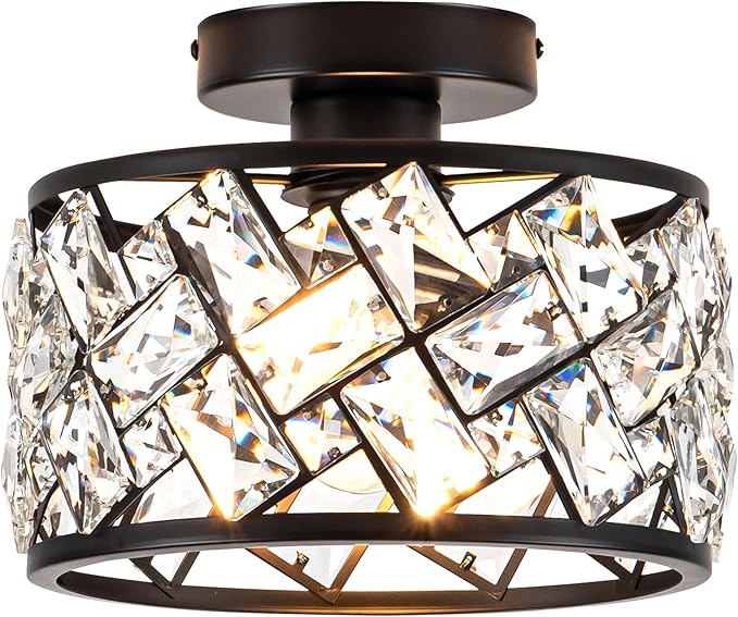 Crystal Ceiling Light Fixture, Modern Semi Flush Mount Ceiling Light,Crystal for Kitchen Bedroom Bathroom Entryway, Black Finish
