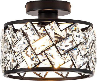 Crystal Ceiling Light Fixture, Modern Semi Flush Mount Ceiling Light,Crystal for Kitchen Bedroom Bathroom Entryway, Black Finish