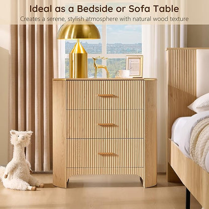 Fluted 3 Drawers Nightstand with Charging Station,31.7" W Bedside Table with Curved Profile Design,End Table Storage with USB Ports for Bedroom,Living Room,Gold Metal Handle,Natural Oak