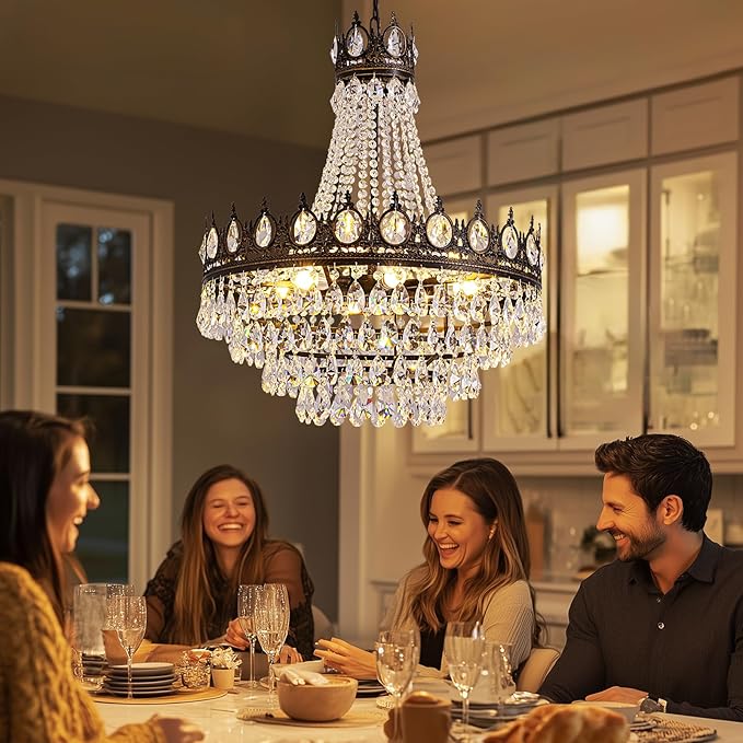 Vintage Crystal Chandeliers for Dining Room Light Fixture, 9-Light Antique Bronze French Empire Chandelier for Foyer Entryway Kitchen Island Bar Living Room, D24 x H27