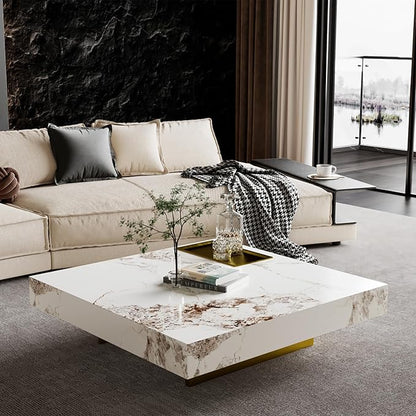 Modern Coffee Table for Living Room, 43.31" Large Square Living Room Table Sintered Stone Tabletop with Gold Stainless Steel Legs, Center Table for Home Office