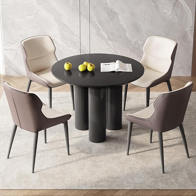 5 Pieces 39.37" Black Round Dining Table and 4 Upholstered Chairs for 4-6 Person, MDF Table-top, Light Velvet Chairs with Black Metal Leg for Kitchen, Reception Room,Round Coffee Table Set