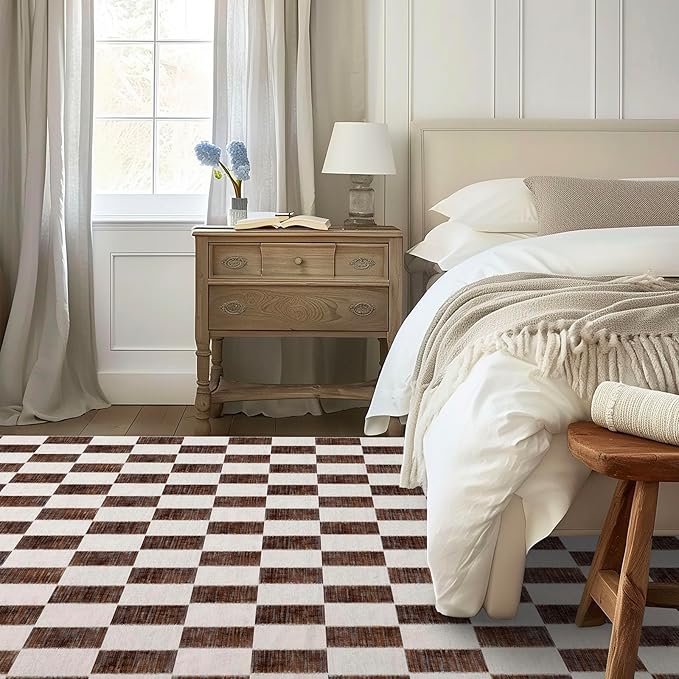 EVERGRACE Checkered Plaid Area Rug 8x10, Soft Fuzzy Faux Wool Rugs Washable Anti Slip Rugs Large Rug Carpet for Entryway Bedroom Living Room Hallway Kitchen Dining Room and Laundry Room, Dark Brown