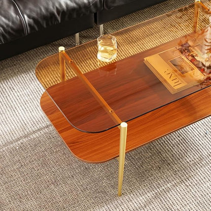 AGV LIGHTING Tadio Glass Coffee Table, Mid-Century Modern Coffee Table for Living Room, Gold Finish Leg, Coffee Brown Glass Top & Walnut Brown Shelf, Rounded Corners