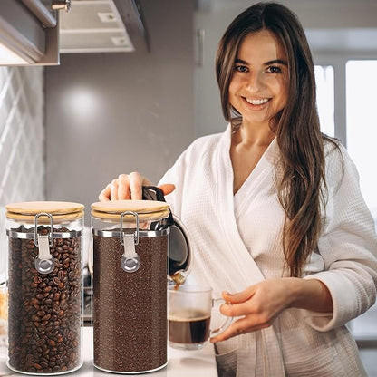 Glass Storage Jars Set Elegant Containers with Airtight Bamboo Lids, Perfect for Kitchen Organization - Flour, Rice, Pasta, Sugar, Coffee Beans, Accessories Included (Coffee Jar x 2)