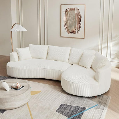 122'' Modern Curved Cloud Sofa Luxury Living Room 5 Seater Sectional Sofa Curve Design Comfortable Upholstered Sofas with Toffee Chair for Living Room Bedroom Apartment (Corduroy+Right Facing, White)