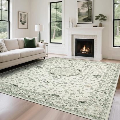 Washable Rugs 8x10 Area Rugs for Living Room,Rugs for Bedroom,Large Carpets,Ultra Soft Faux Wool Retro Dining Room Rug,Non Slip&Non-Shedding Low Pile Vintage Print Rug for Home Office-Green