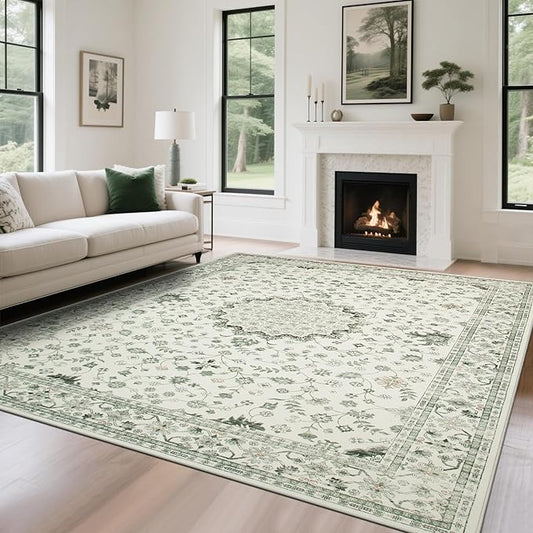 Washable Rugs 8x10 Area Rugs for Living Room,Rugs for Bedroom,Large Carpets,Ultra Soft Faux Wool Retro Dining Room Rug,Non Slip&Non-Shedding Low Pile Vintage Print Rug for Home Office-Green