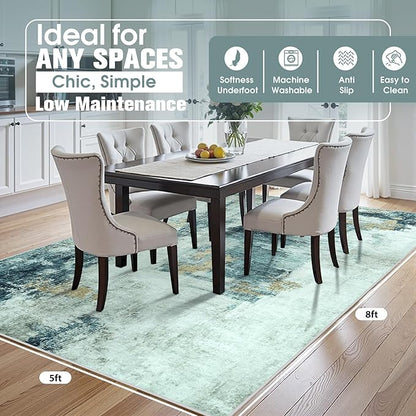 5x8 Area Rugs for Living Room Rug Washable: Abstract Rug for Dining Room Bedroom Carpet Non Slip 5 by 8 Indoor Modern Nursery Home Office Teal Grey Gold