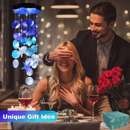 Solar Shell Gift for Mom Grandma Girls, White & Blue Christmas Solar Wind Chimes for Outside, Outdoor Decorative Mobile Lights for Garden, Yard, Patio, Window, Party, Outdoor Decorations