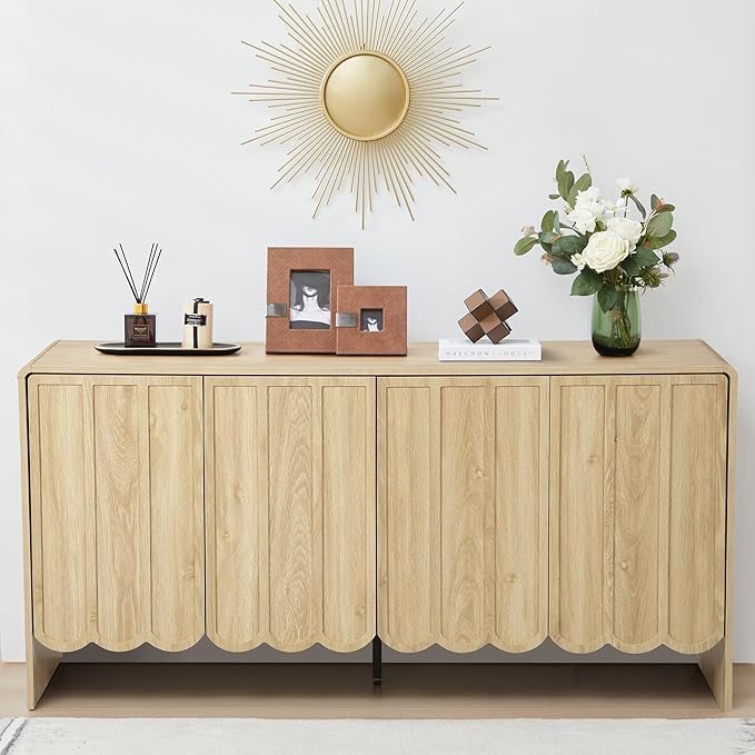 ORRD Sideboard Buffet Cabinet, Accent Storage Cabinets with 4 Doors, Farmhouse Wood Cabinet with Adjustable Shelves and Wave Panel for Living Room, Dining Room, Entry - Natural