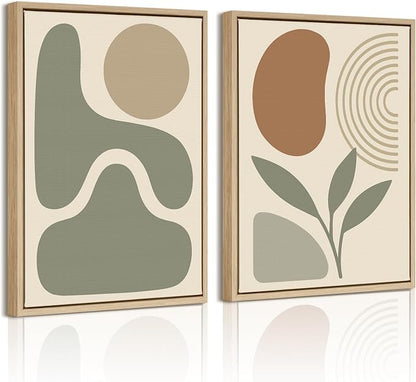 DAJONART Boho Abstract Wall Art Set of 2, Sage Green & Burnt Orange Geometric Prints Duo Framed Canvas for Japandi, Mid Century Modern, Neutral Room Decor,Minimalist Earth-Tone Art,12x16 in
