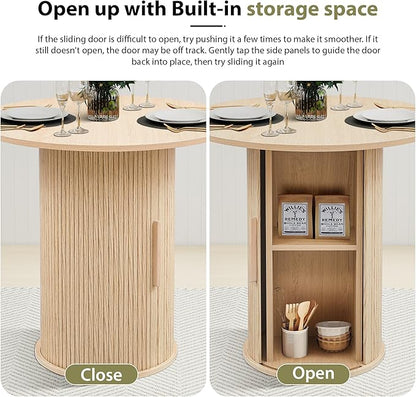 31.5" Round Dining Table for 2-4, Modern Farmhouse Kitchen Table with 2-Tier Storage Shelf, Small Wooden Circle Dining Tables with Fluted Base for Home Dining Room Living Room (Natural)