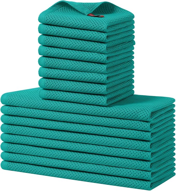 Homaxy 100% Cotton Kitchen Towels and Dishcloths Set, 12 x 12 Inches and 13 x 28 Inches, Set of 16 Bulk Kitchen Towels Set, Ultra Soft Absorbent Dish Cloths for Washing Dishes, Teal