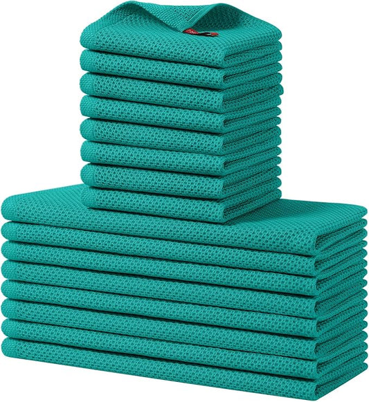 Homaxy 100% Cotton Kitchen Towels and Dishcloths Set, 12 x 12 Inches and 13 x 28 Inches, Set of 16 Bulk Kitchen Towels Set, Ultra Soft Absorbent Dish Cloths for Washing Dishes, Teal