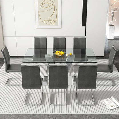 71" Glass Dining Table Set for 8, Kitchen Table and 8 PU Leather Chairs, Tempered Glass Top and MDF Base, 9-Piece Table Set Ideal for Living Room