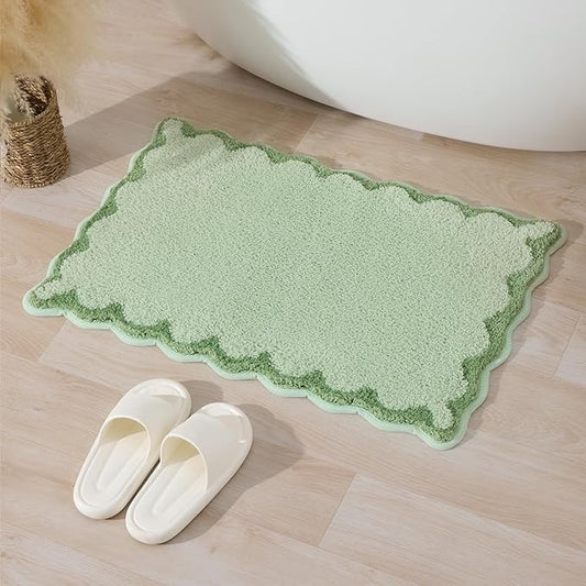 ORTIGIA Small Green Scalloped Bath Mat, Cute Plush Microfiber Scallop Bathroom Rugs Non Slip Washable Quick Dry Absorbent, Bathmat for Shower Stall Vanities Kitchen Floor Entrance, 17x24