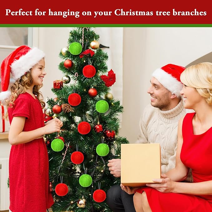 12Pcs Furry Christmas Ball Ornament for Xmas Tree Red Green Soft Faux Fur Pom Pom Ball Ornaments Green Christmas Tree Hanging Decorations for Winter Party Home Decor Costume Supplies