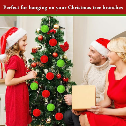12Pcs Furry Christmas Ball Ornament for Xmas Tree Red Green Soft Faux Fur Pom Pom Ball Ornaments Green Christmas Tree Hanging Decorations for Winter Party Home Decor Costume Supplies