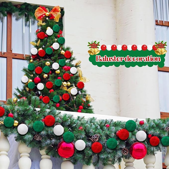 2 Pack Large Pom Poms Garland Hanging Decorations Colorful Soft Faux Rabbit Fur Ball Garland for Easter Xmas Holiday Wedding Baby Shower Birthday Party Supplies(Christmas,3.15 Inch)