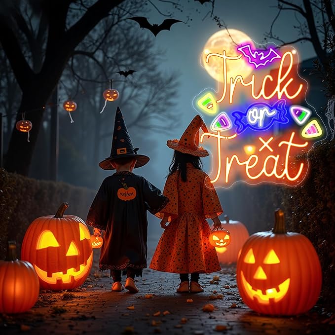 Trick or Treat Neon Sign, Halloween Decorations, Night Light for Yard Garden Party Event Decor, Halloween Hanging Neon Sign for Home Bar Salon Coffee Stores Window Porch Front Door Halloween Decoration