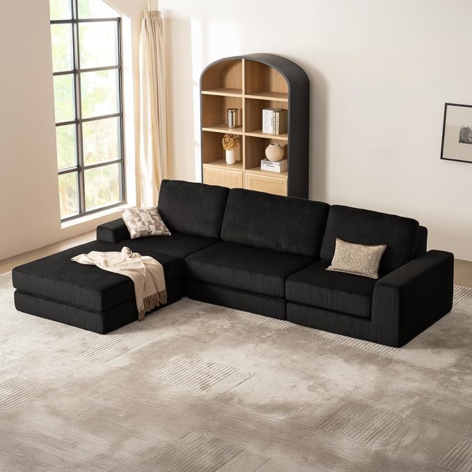 120.47‘’ Boneless Couch Cloud Modular Sectional Couches for Living Room, Oversize L-Shape Sofa with Deep Seat, Plush Corduroy 3-Seater with Ottoman, No Assembly Required