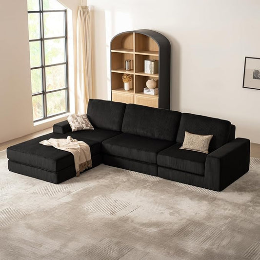 120.47‘’ Boneless Couch Cloud Modular Sectional Couches for Living Room, Oversize L-Shape Sofa with Deep Seat, Plush Corduroy 3-Seater with Ottoman, No Assembly Required