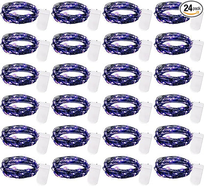 Brightown 24 Pack Fairy Lights Battery Operated, Halloween String Lights Waterproof Black Wire 7 ft 20 LED Firefly Starry Lights for Hallowen Decorations DIY Paper Lantern Craft Pumpkin (Purple)