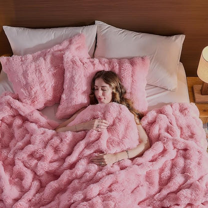 Lotus Karen Faux Fur Pink Comforter King – Fluffy Big Bubble Faux Rabbit Fur Thick Comforter Sets, Warm Cozy Fuzzy Bed Set 3 Pieces, 1 Comforter and 2 Pillowcases
