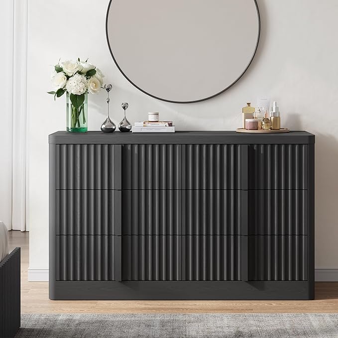 Fluted Dresser for Bedroom, 47" Wide 6 Drawer Dresser, Modern Chest of Drawers with Solid Wood Handle, Curved Profile Design, Wood Dressers Storage Organizer, Living Room, Hallway, Black