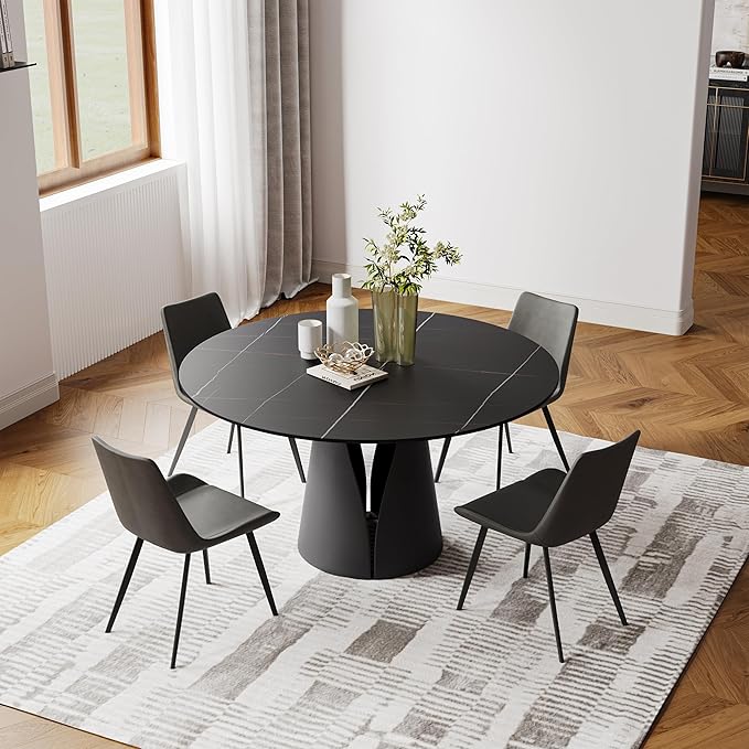 POVISON 51" Round Dining Table for 4, Modern Dining Table Round, Matte Black Sintered Stone Tabletop with Solid Black Carbon Steel Pedestal (Dining Rooom Table Only)